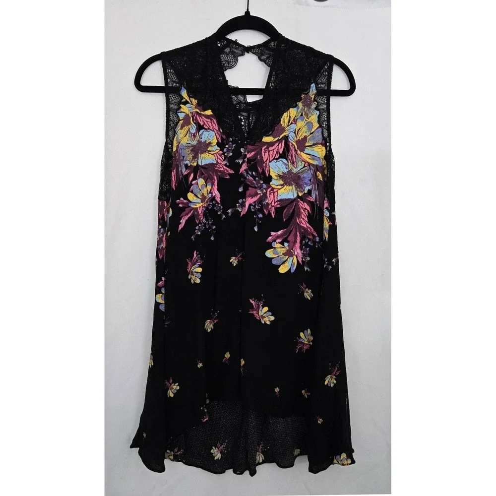 Intimately Free People Voile & Lace‎ Trapeze Slip Dress Black Floral Racerback S